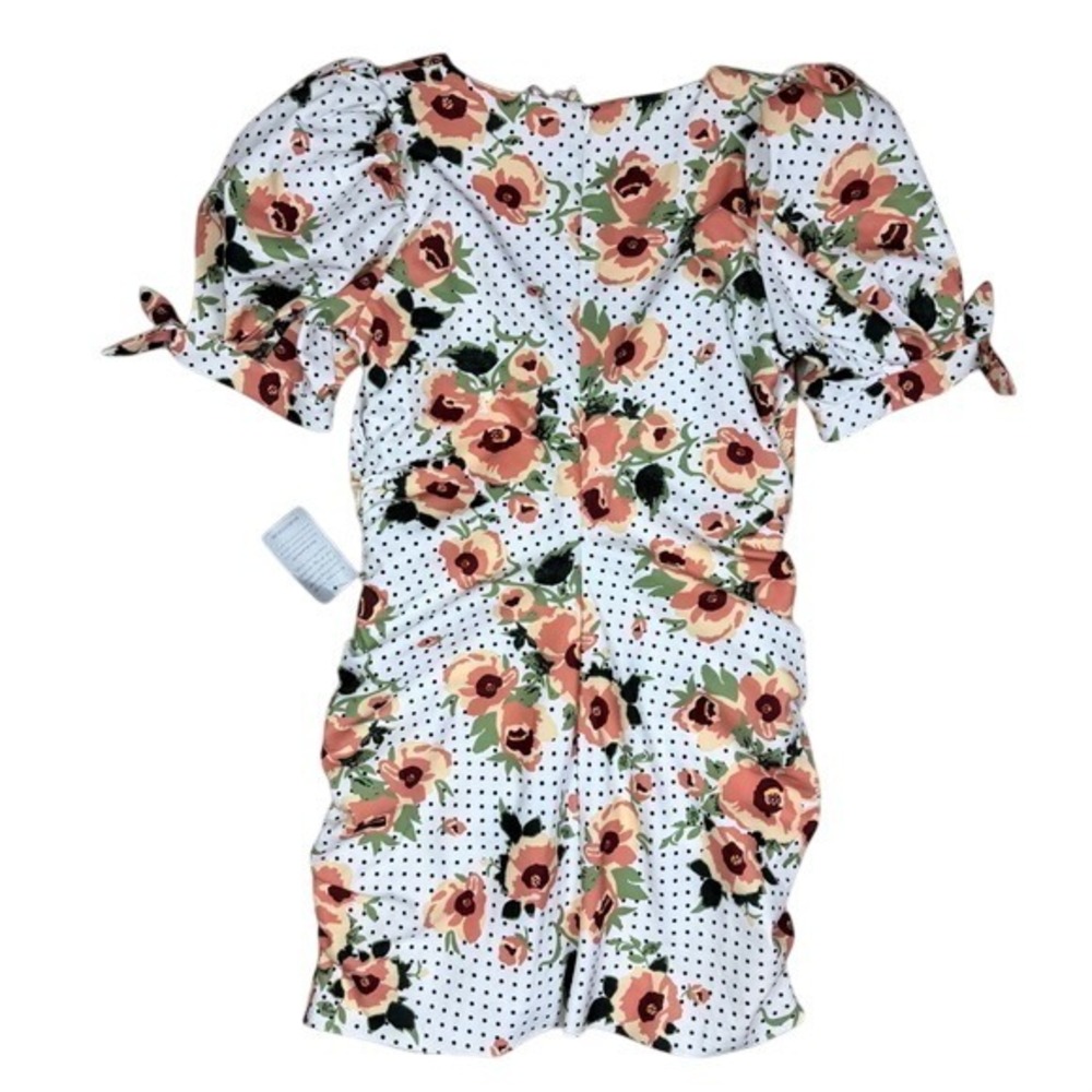 NWT Lavish‎ Alice Polka Dot Floral Ruched Puff Sleeve Mini Dress White 14 - Picture 5 of 7